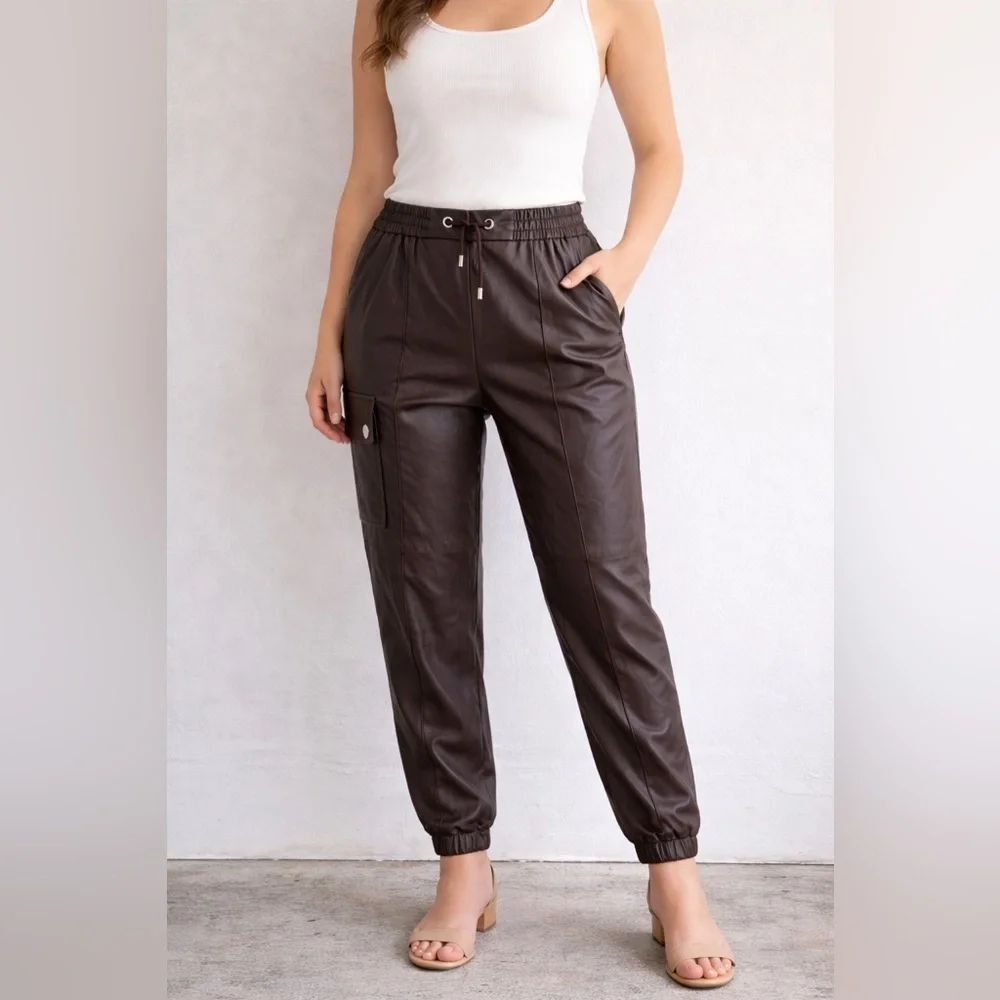 Calvin Klein Faux Leather Brown Pants Elastic Waist Smart Casual Office Wear 6